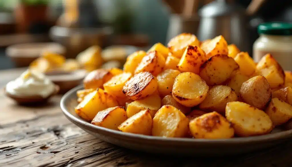 Pommes de terre rôties sur une assiette en bois.