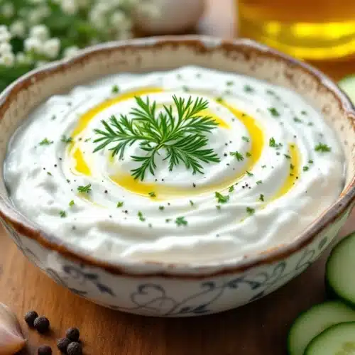 Bol de tzatziki décoré d'herbes fraîches.