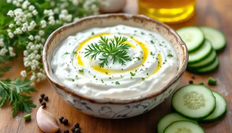 Bol de tzatziki décoré d'herbes fraîches.