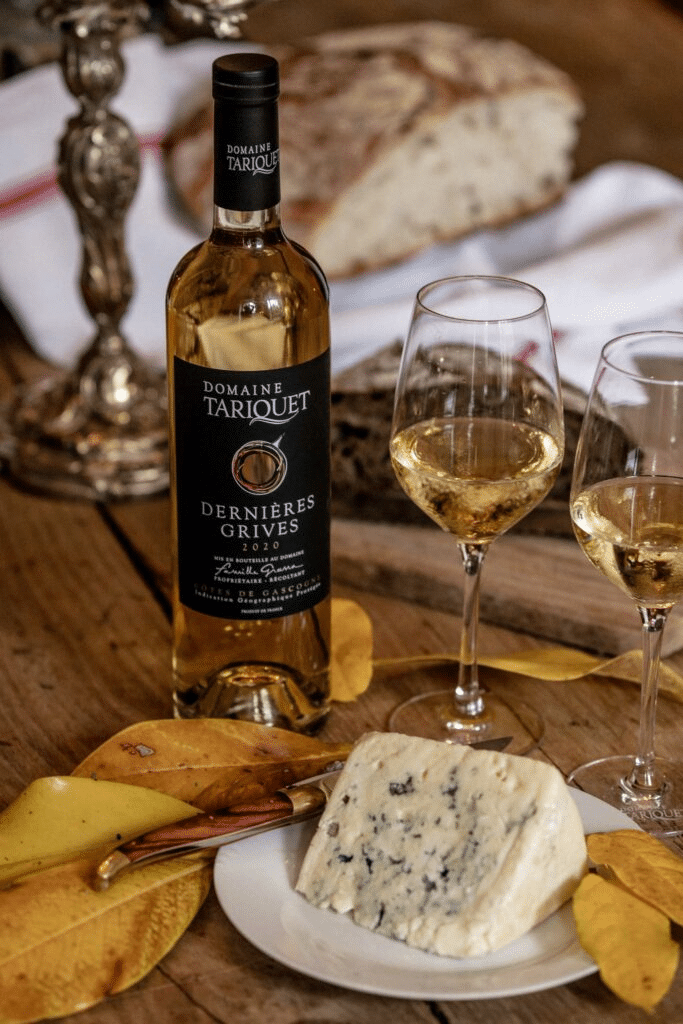 Vin blanc et fromage sur table en bois.
