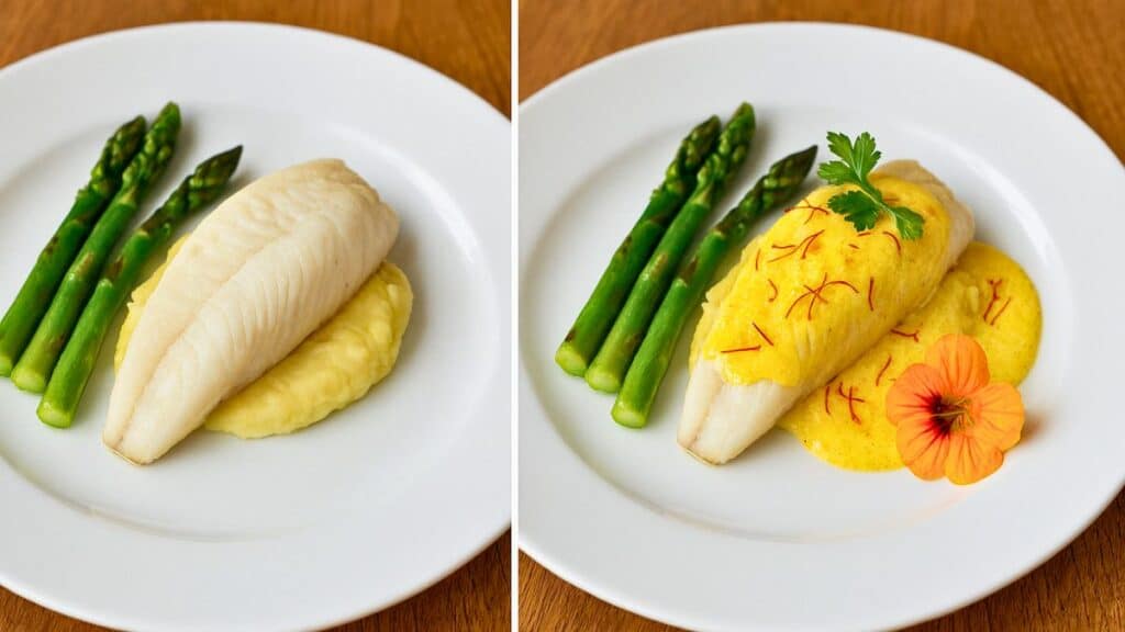Assiette de poisson, purée, asperges.