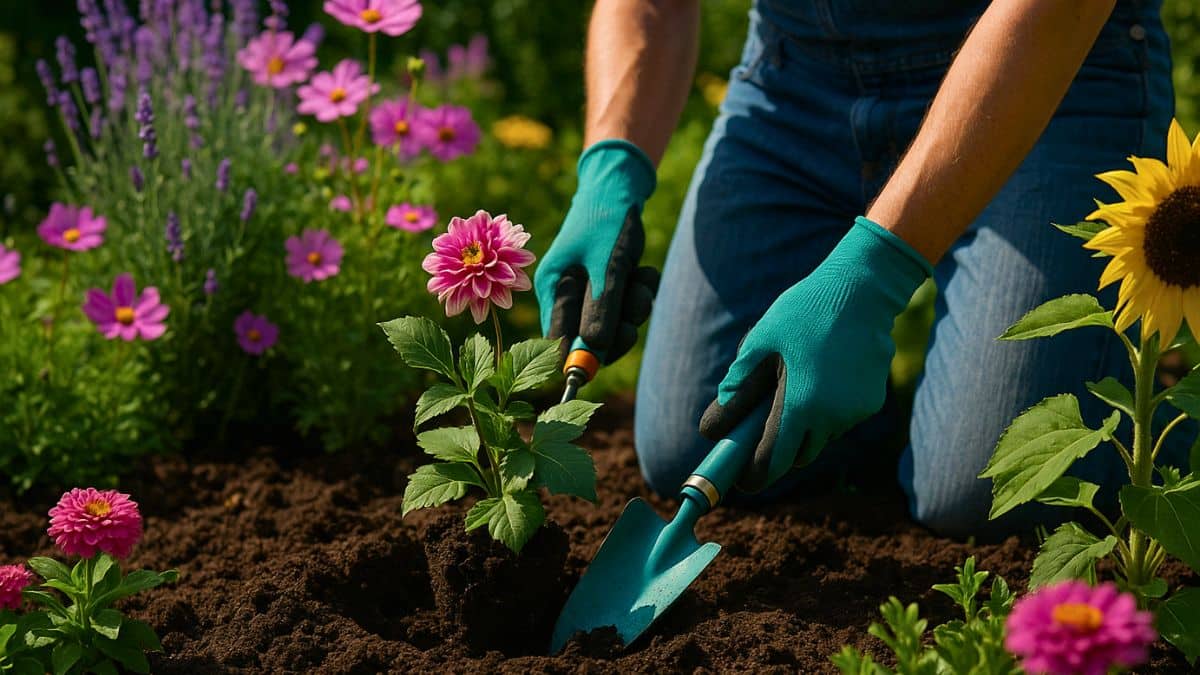 Personne jardinant des fleurs colorées.