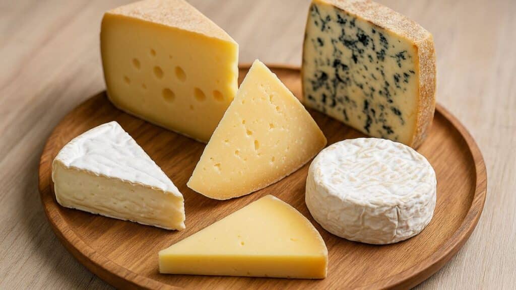 Assortiment de fromages sur un plateau en bois.