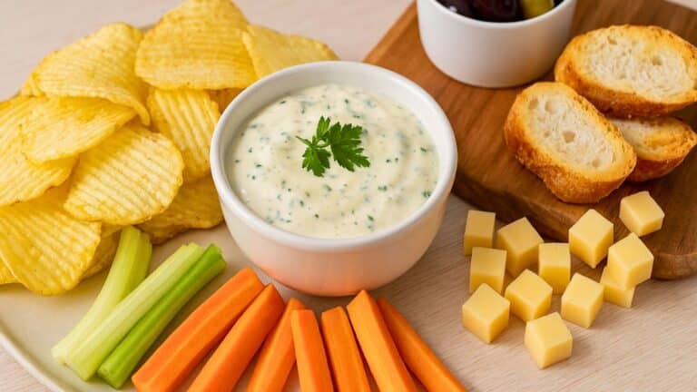 Plateau d'apéritifs avec sauce, légumes, pain et fromages.