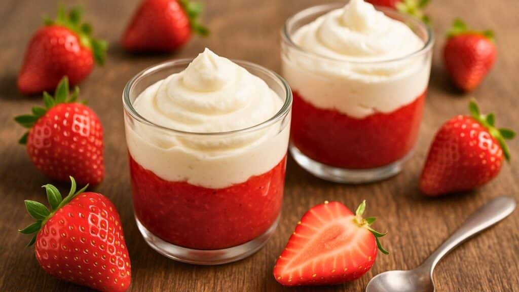 Dessert aux fraises et crème en verrine.