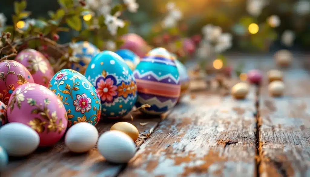 Oeufs de Pâques colorés sur table en bois.