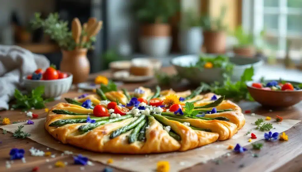 Tarte garnie d'asperges et tomates cerises colorées.