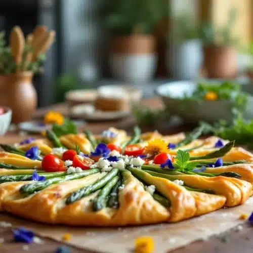 Tarte garnie d'asperges et tomates cerises colorées.