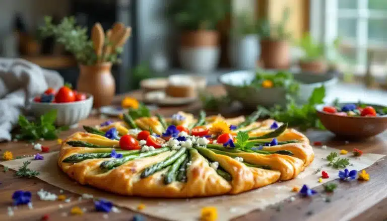 Tarte garnie d'asperges et tomates cerises colorées.