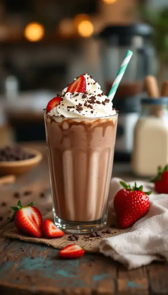Milkshake chocolat fraise avec chantilly et pépites.