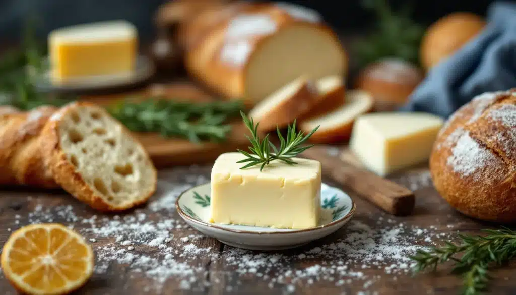 Pain frais, beurre et herbes sur table rustique.