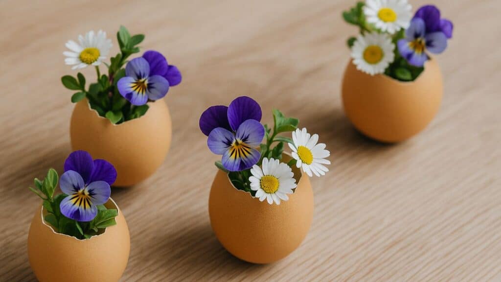 Fleurs dans coquilles d'œufs sur table en bois.