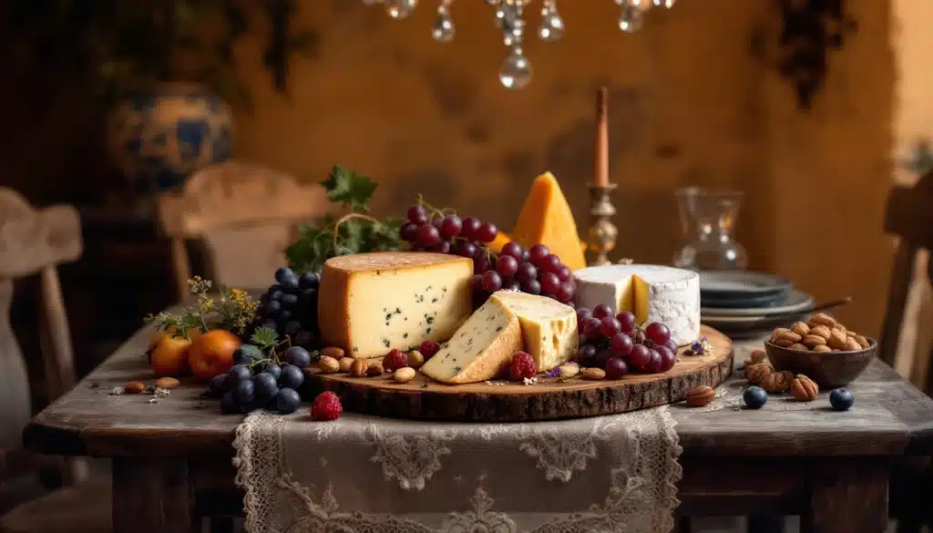Plateau de fromages avec fruits et noix sur table.