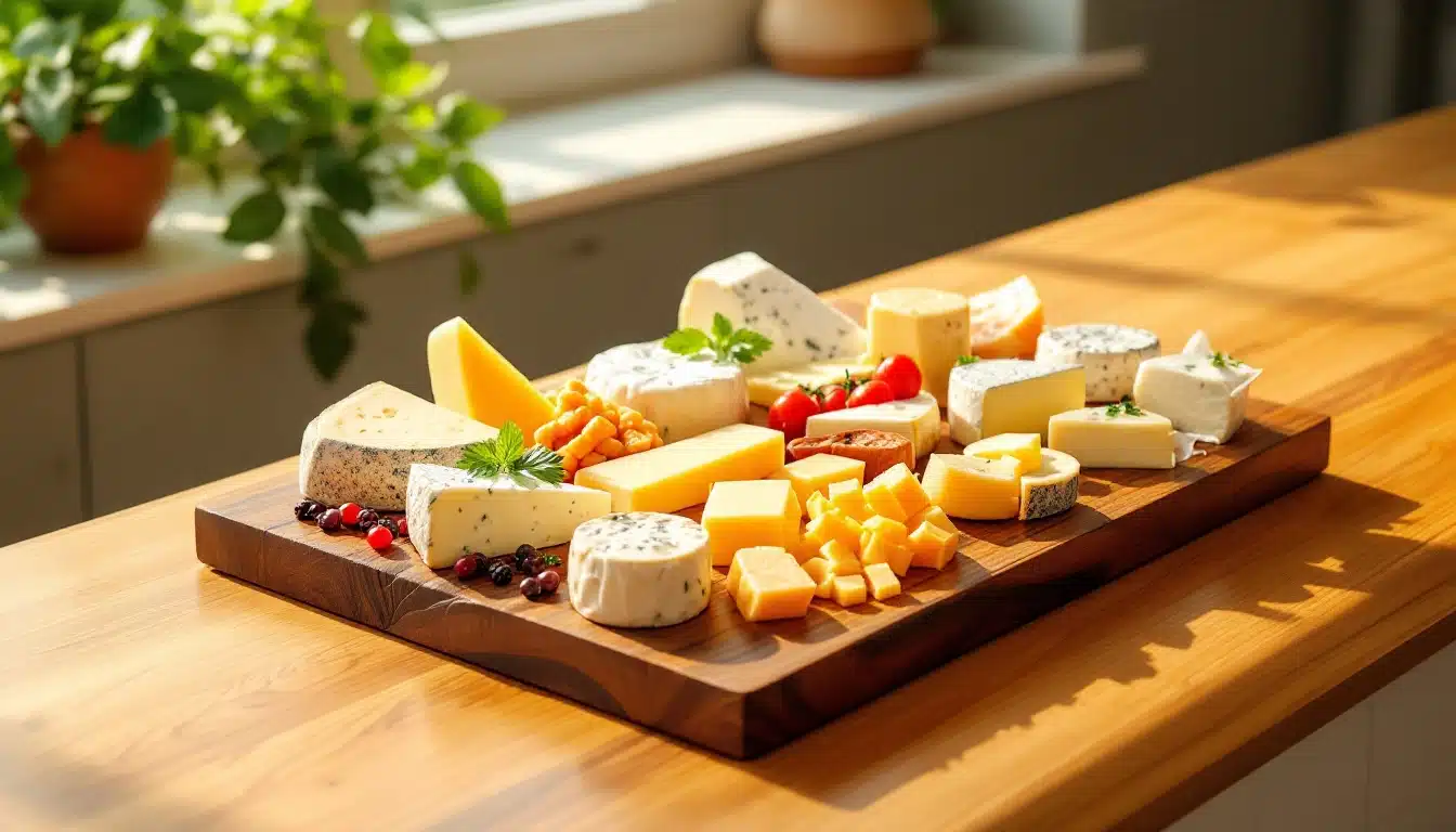 Plateau de fromages variés sur table en bois.