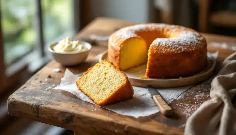 Gâteau moelleux nature avec crème à côté.
