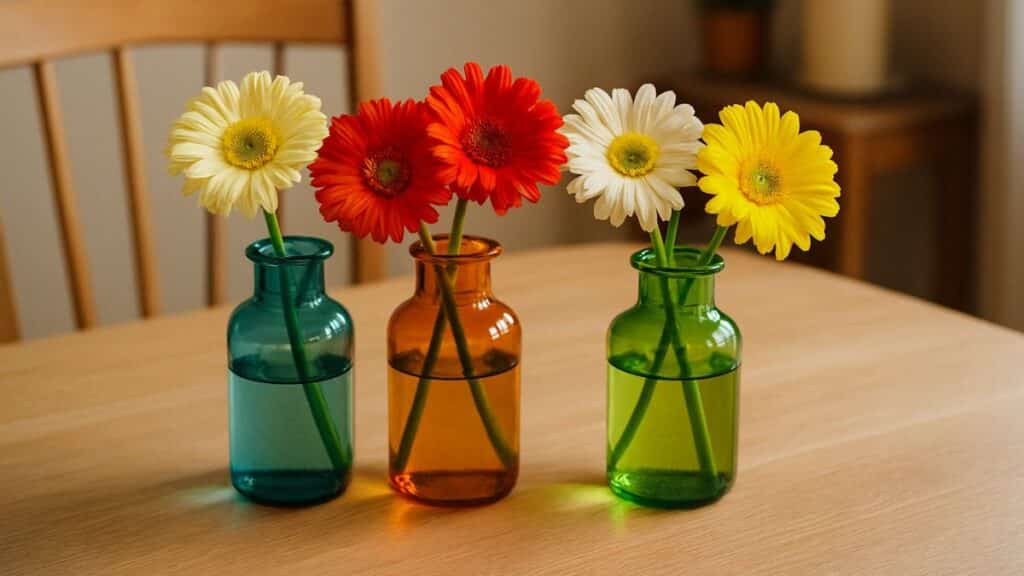 Gerberas colorées dans trois vases.