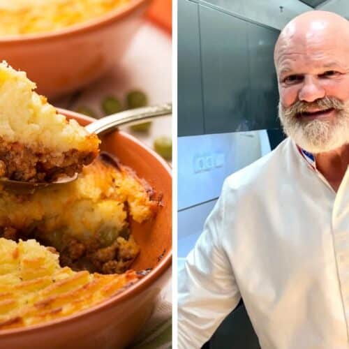 Hachis parmentier et chef cuisinier dans une cuisine.