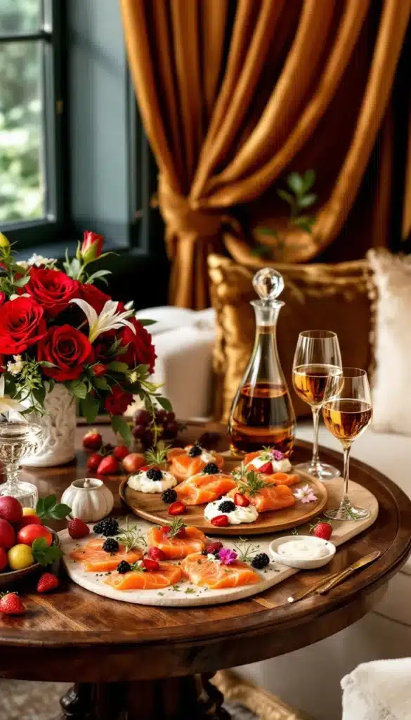 Table avec saumon, fleurs et verres de vin.