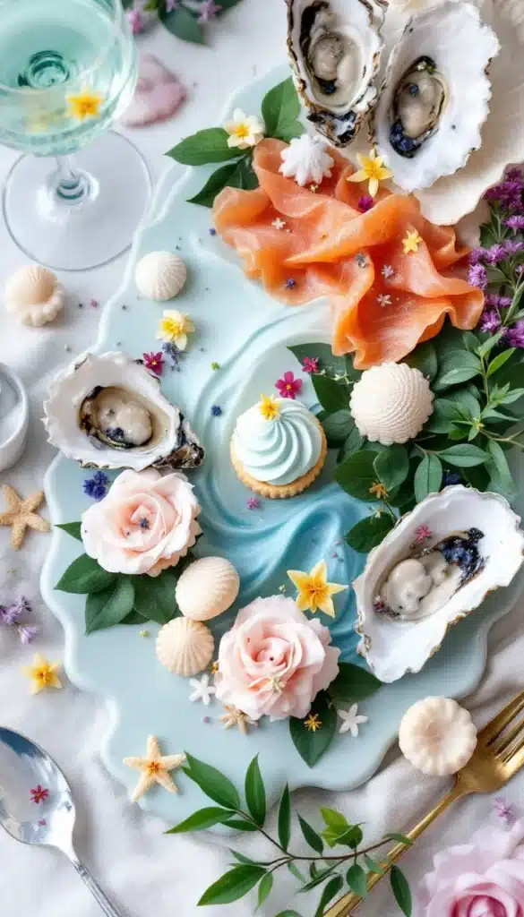 Table avec huîtres, saumon et cupcakes décorés.