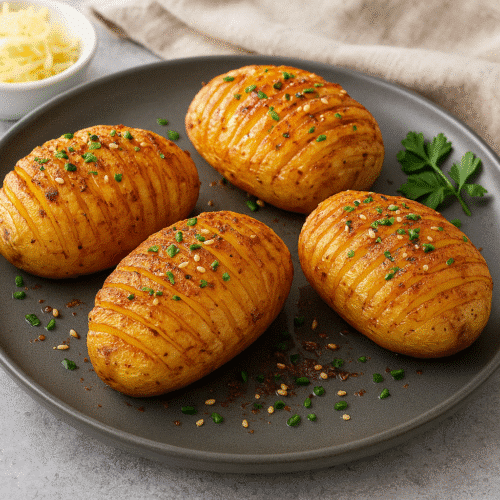 Pommes de terre Hasselback garnies d'herbes.