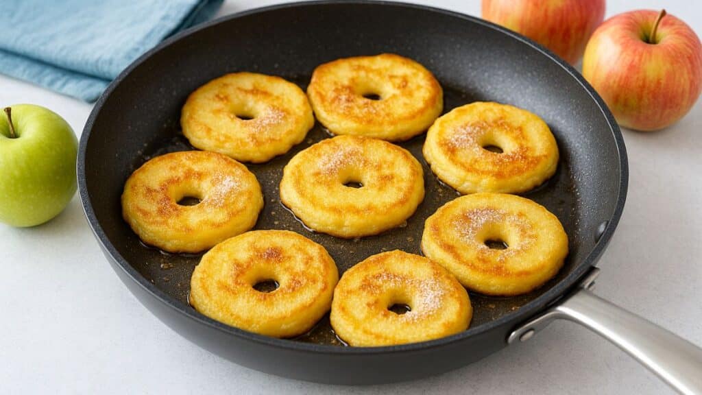 Rondelles de pommes cuites dans une poêle.