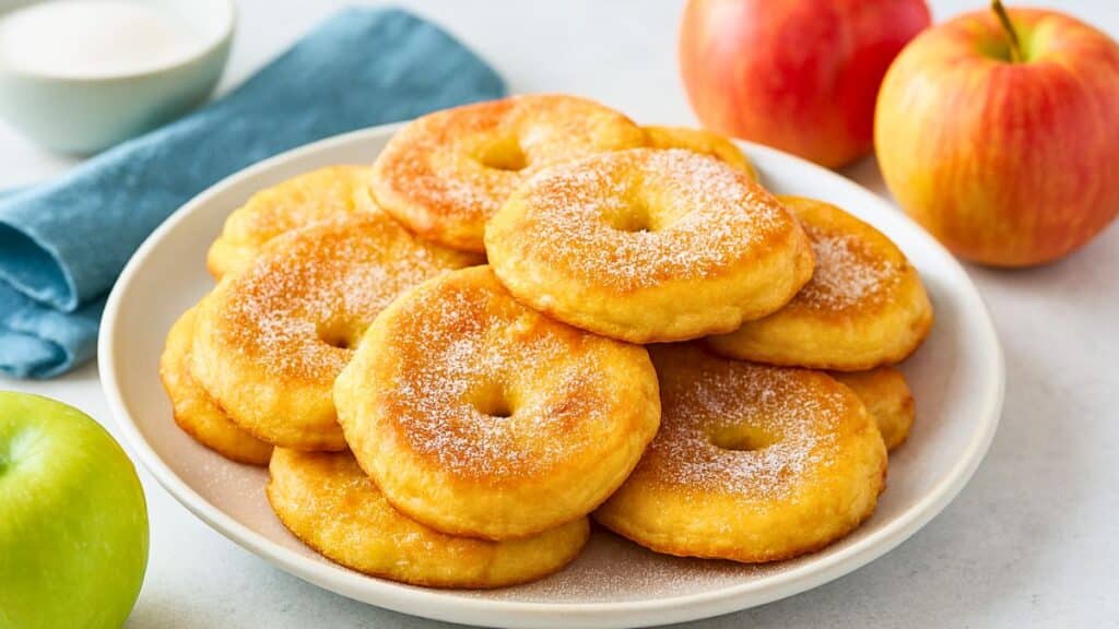 Beignets de pommes saupoudrés de sucre sur assiette blanche.