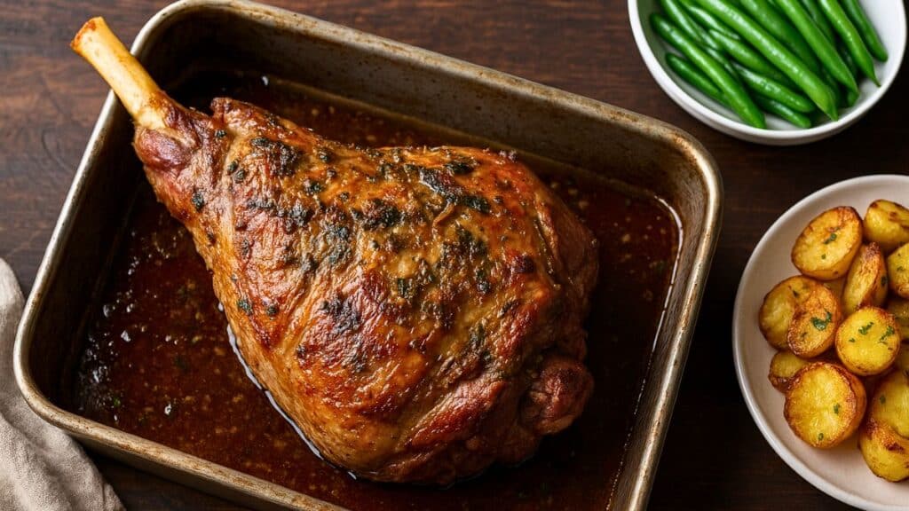 Gigot d'agneau rôti avec pommes de terre et haricots.