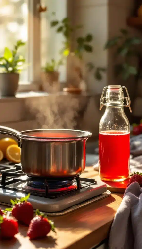 Sirop de fraise en préparation sur cuisinière.
