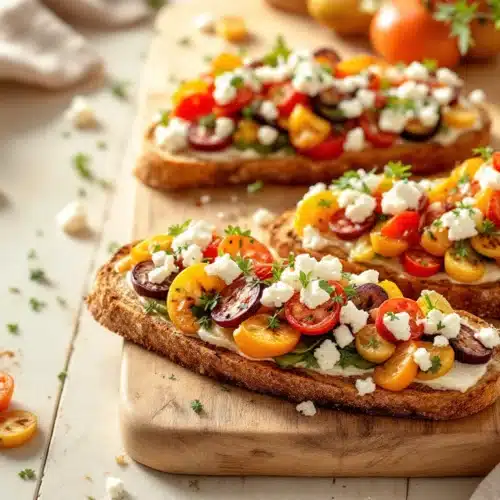 Tartines rustiques aux tomates cerises et fromage feta.