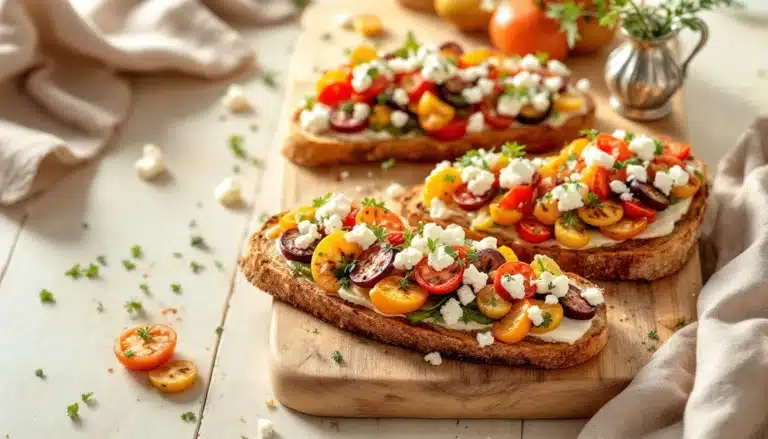 Tartines rustiques aux tomates cerises et fromage feta.
