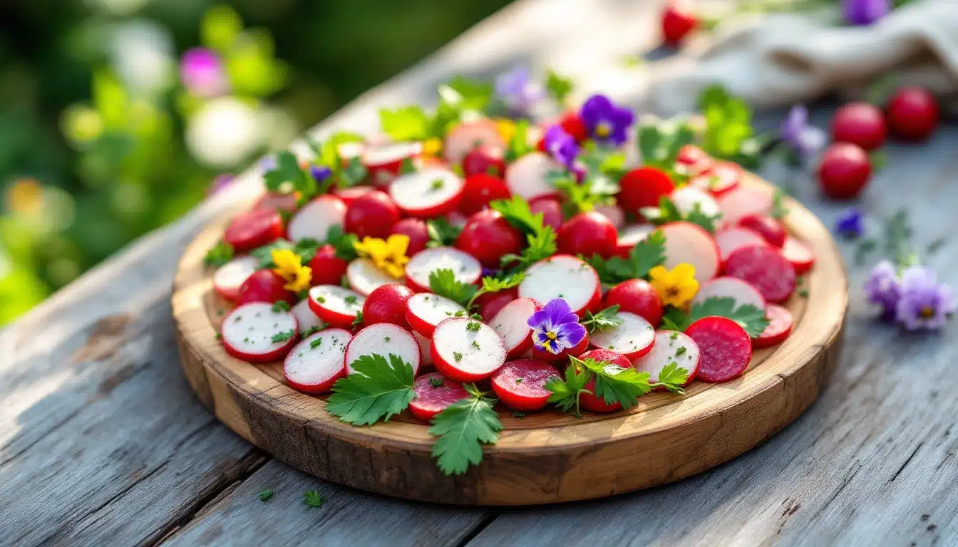 Salade de radis avec fleurs comestibles.