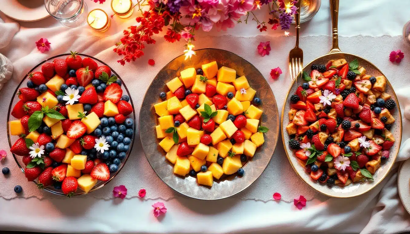 Trois salades de fruits colorées sur table décorée.