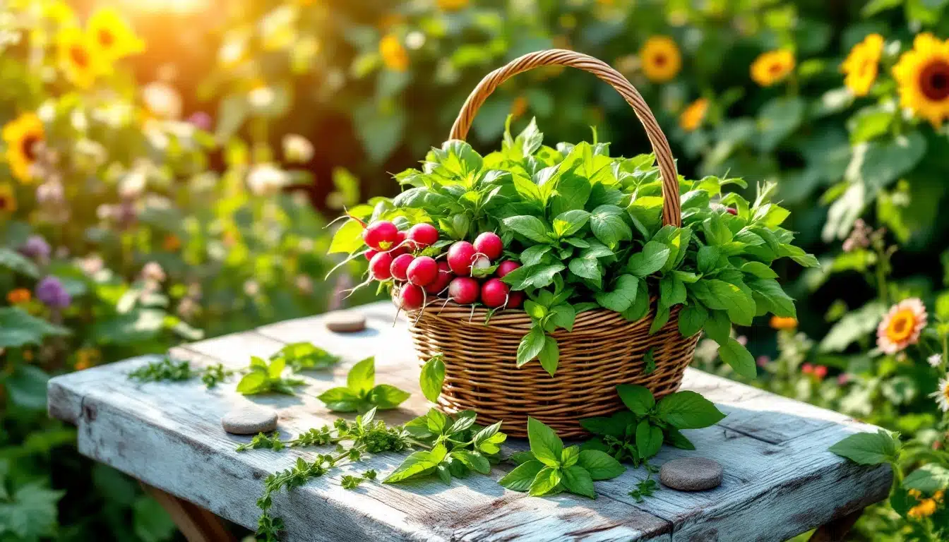 Panier de radis et herbes sur table au jardin.