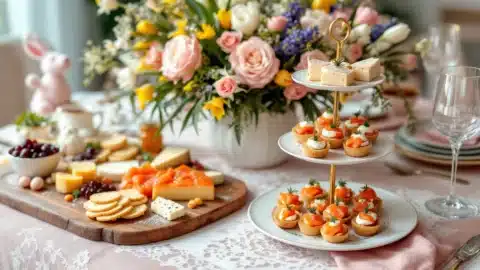 Table de buffet avec desserts et fleurs colorées.