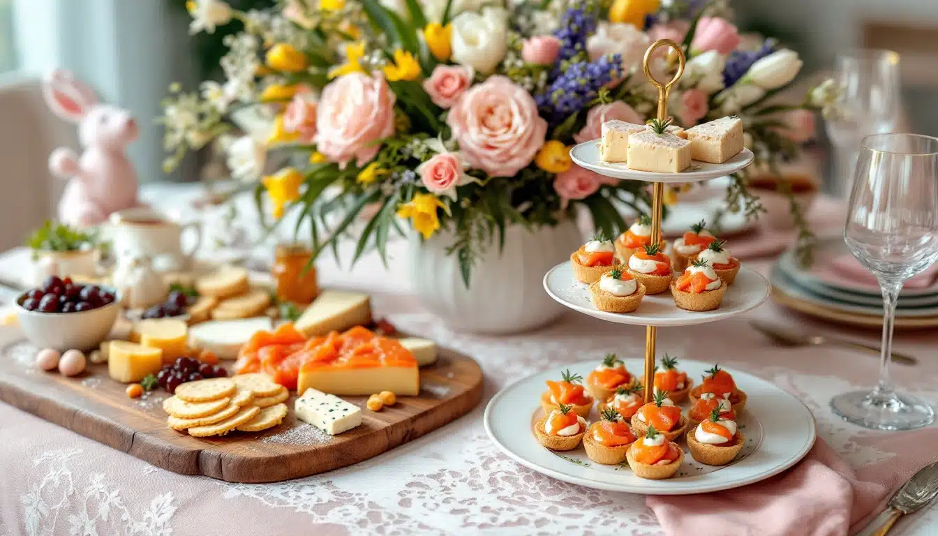 Table de buffet avec desserts et fleurs colorées.
