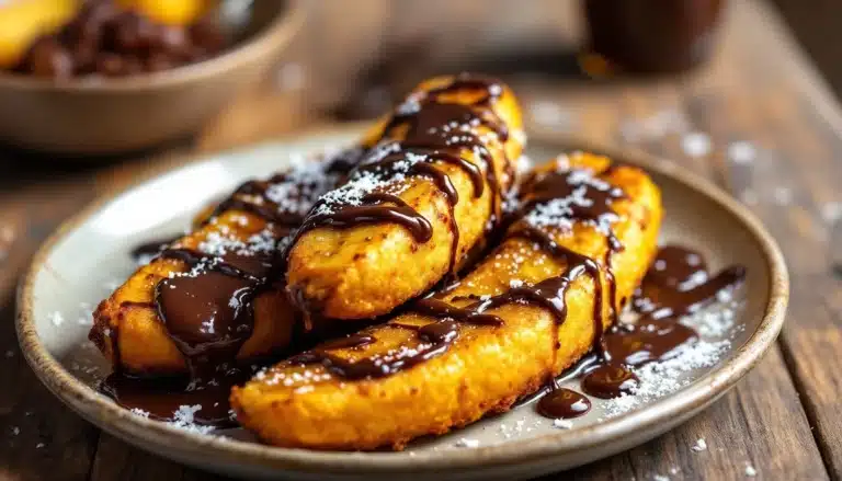 Bananes frites nappées de chocolat et sucre.