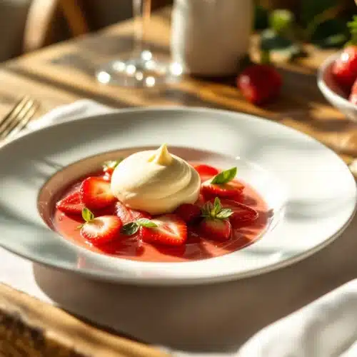 Dessert aux fraises et crème chantilly.