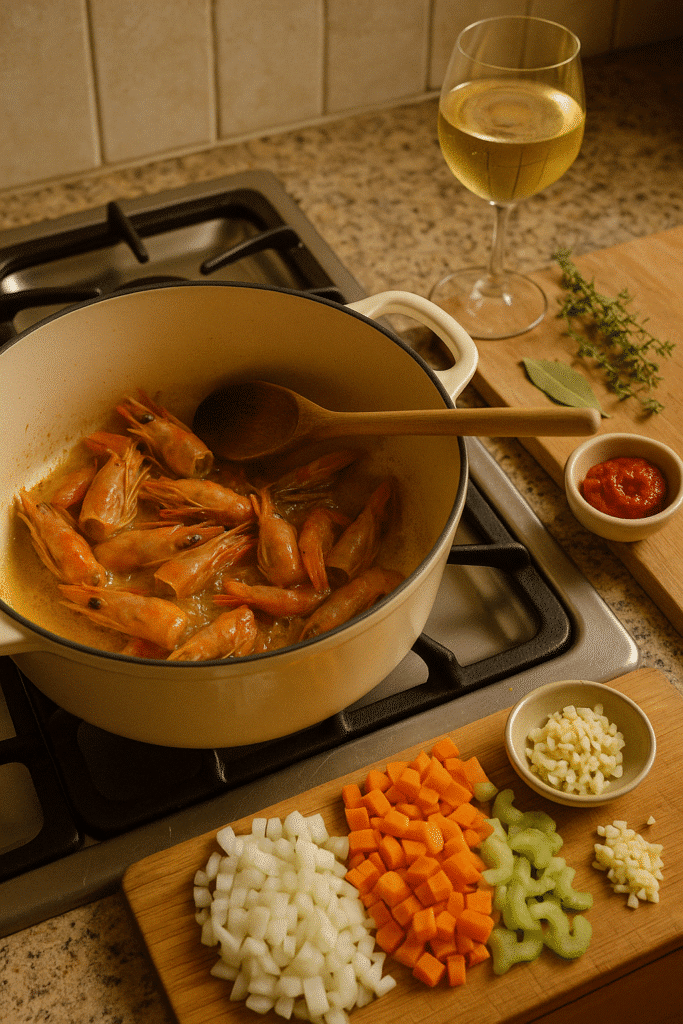 Préparation de crevettes avec légumes et vin blanc.