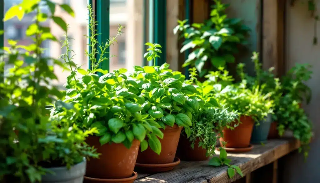 Plantes vertes en pots sur étagère ensoleillée.