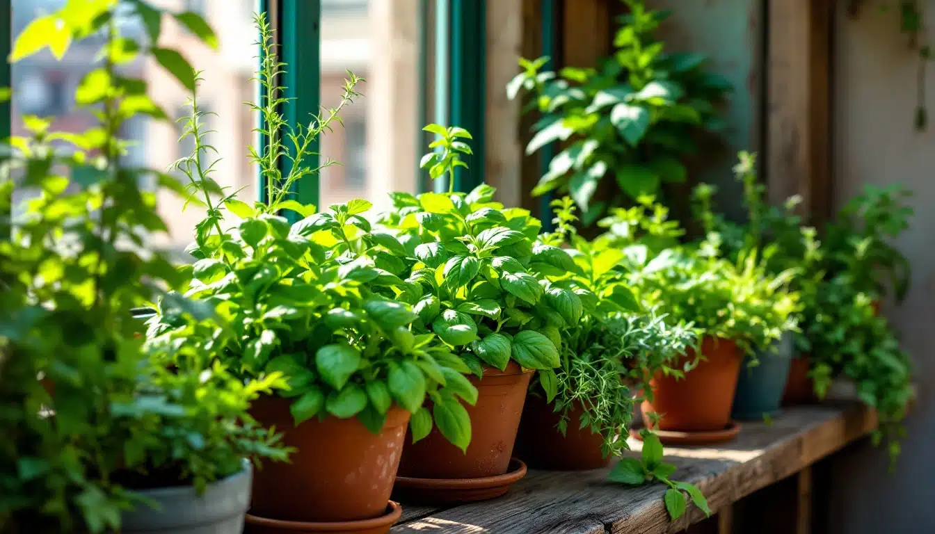 Plantes vertes en pots sur étagère ensoleillée.