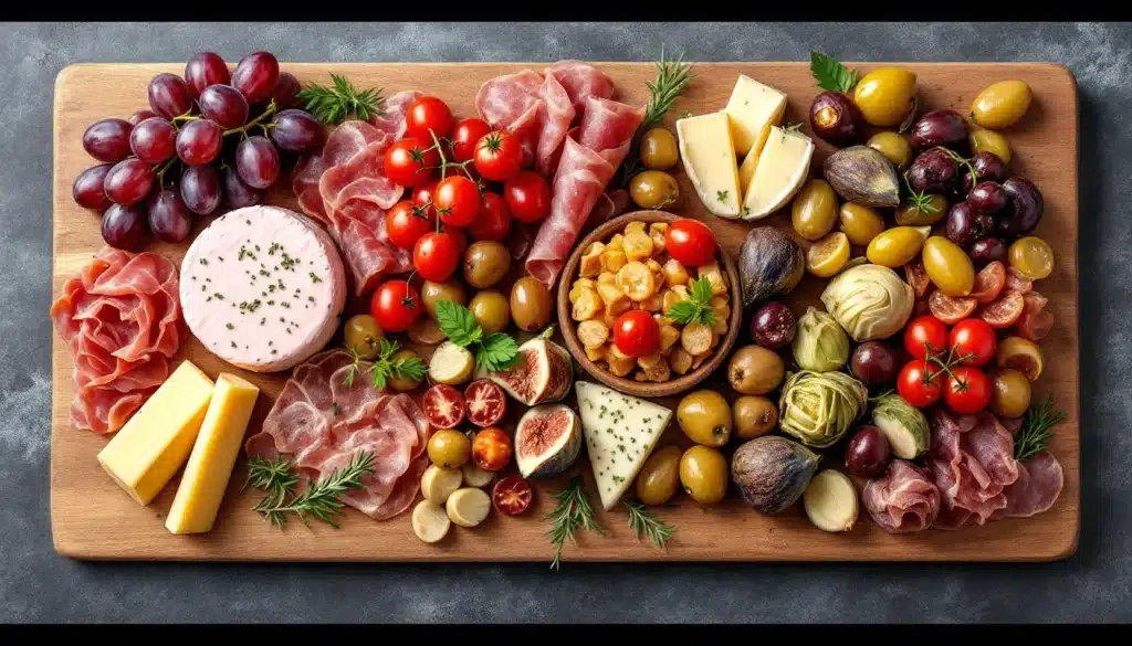 Plateau apéritif avec charcuteries, fromages, fruits et olives.