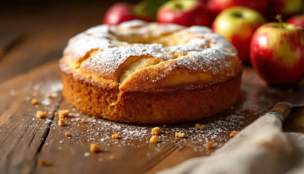 Gâteau aux pommes avec sucre glace.
