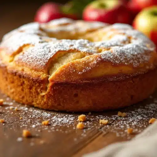 Gâteau aux pommes avec sucre glace.