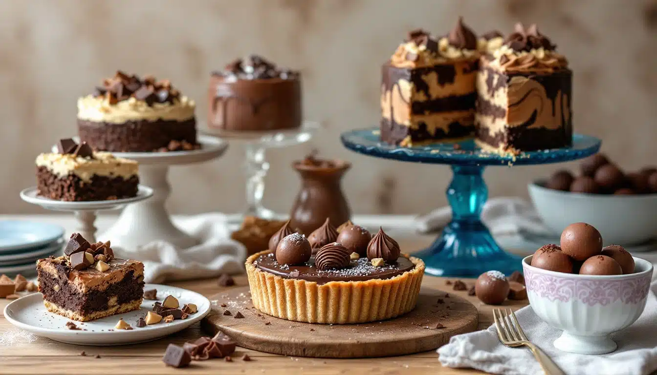 Desserts au chocolat variés sur des présentoirs.