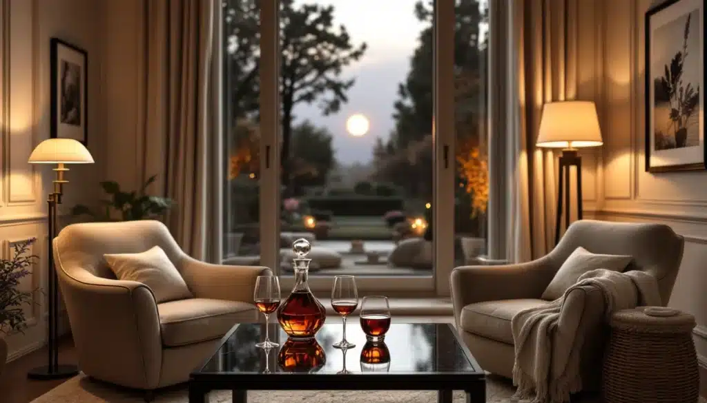Salon chaleureux au crépuscule avec vue jardin.