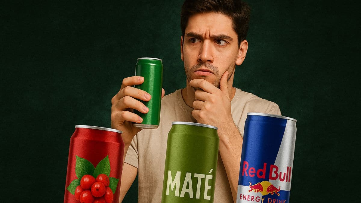 Homme réfléchissant devant des canettes de boissons énergisantes.
