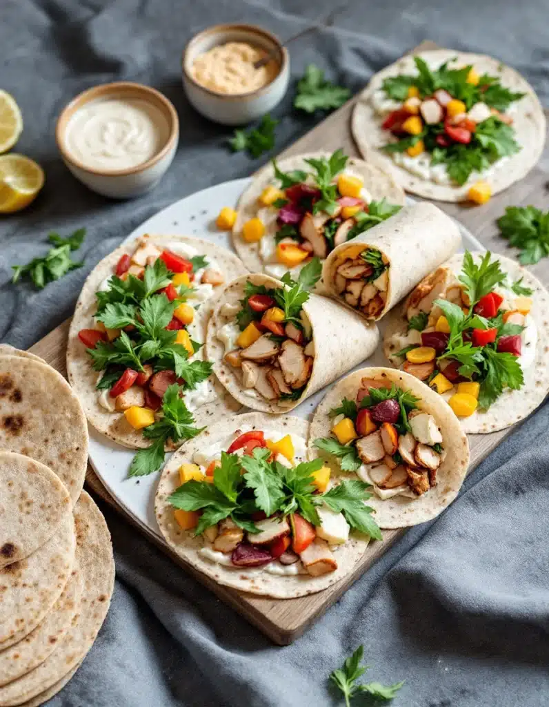 Tacos au poulet avec légumes frais et sauces.