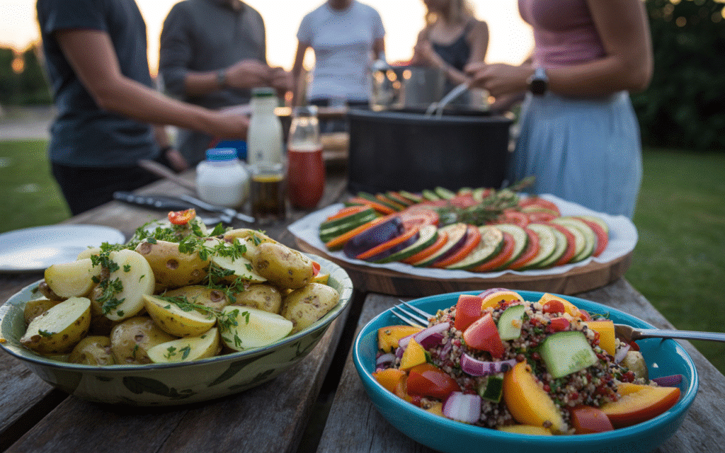 Repas en plein air avec salades variées et personnes.