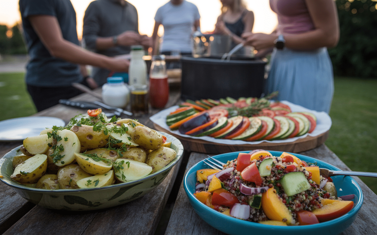 Repas en plein air avec salades variées et personnes.