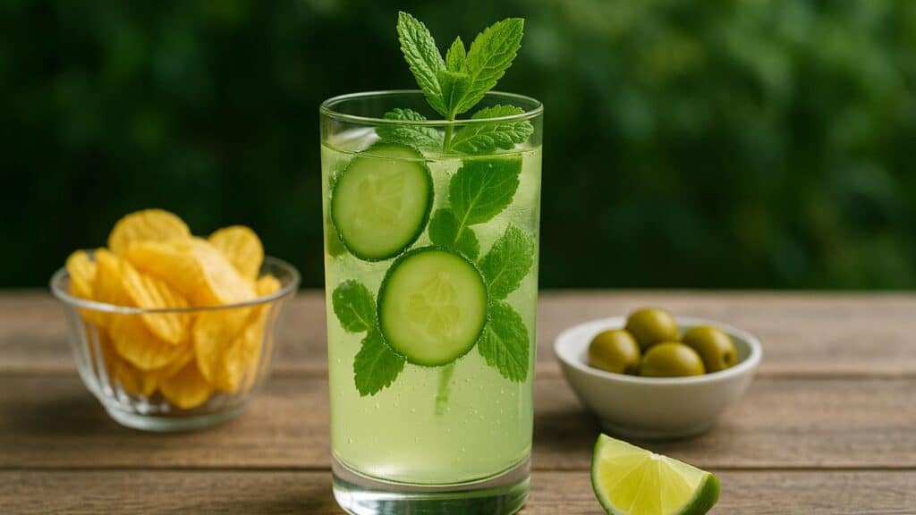 Boisson menthe concombre avec olives et chips.